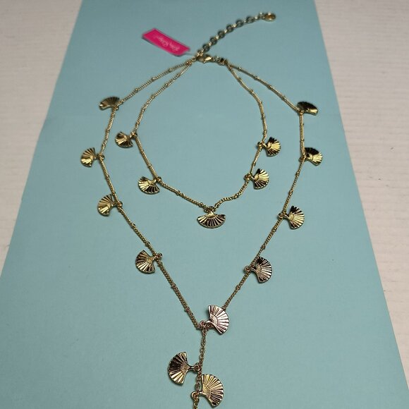 Lilly Pulitzer Coastal Shell Layered Necklace Gold Tone Metal Statement - Picture 3 of 9